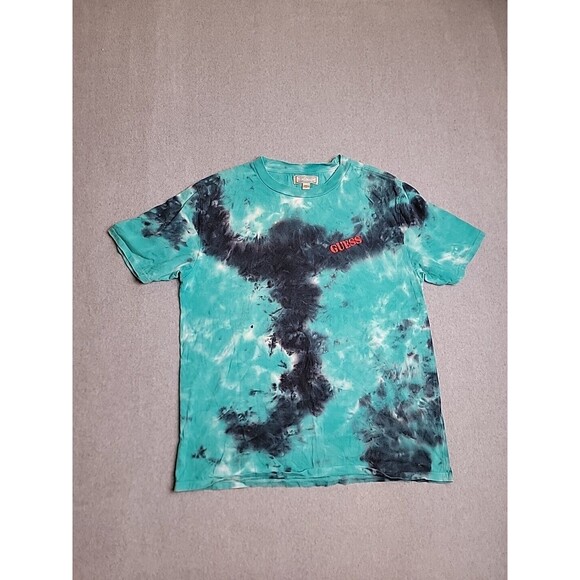 Vintage Guess Shirt Mens M Blue Black Tie Dye Graphic Flag Embroidered 90s - Picture 6 of 15